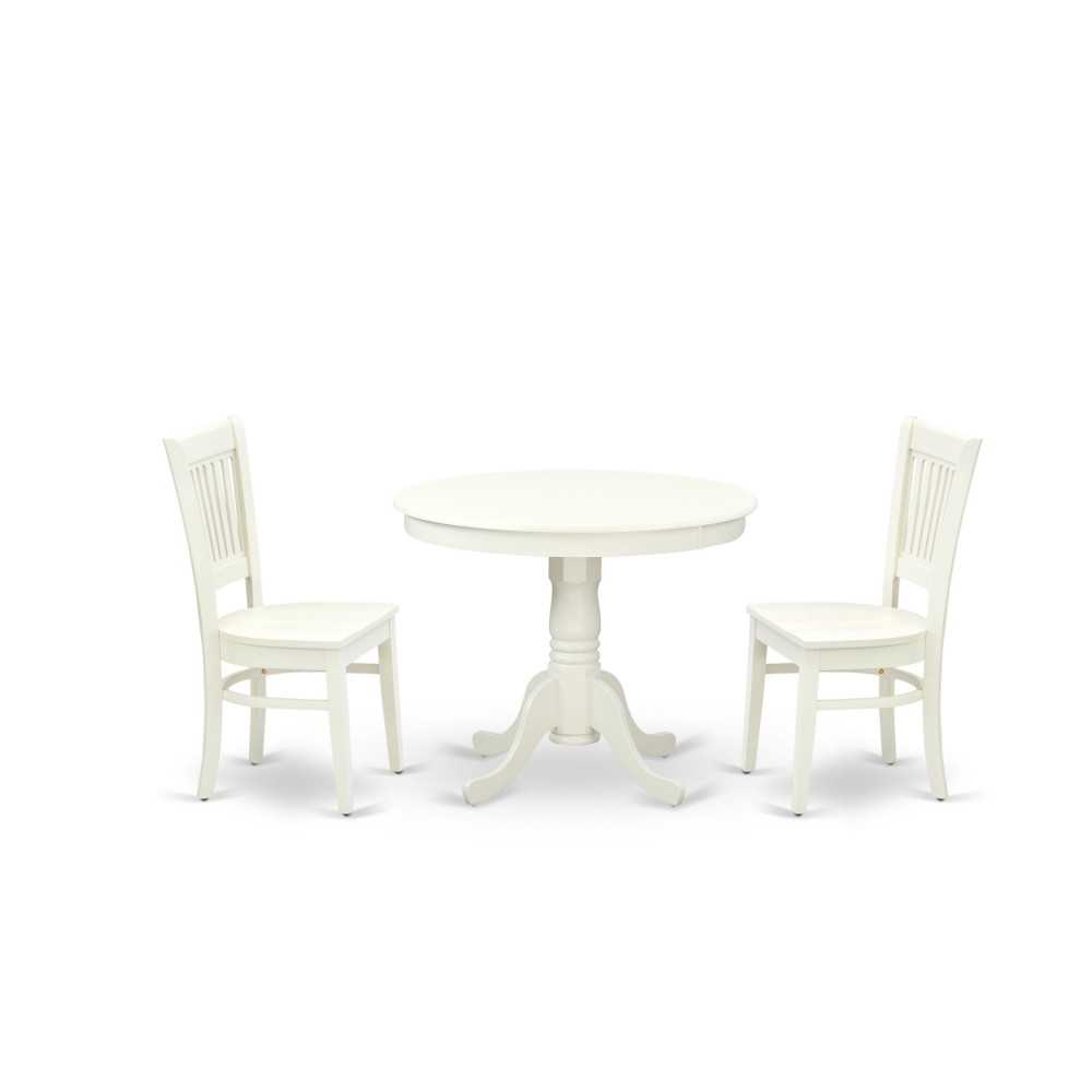 3Pc Kitchen Dining Set2 Dining Chairs, Table Wooden Seat, Slatted Chair Back Linen White Finish