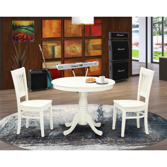 3Pc Kitchen Dining Set2 Dining Chairs, Table Wooden Seat, Slatted Chair Back Linen White Finish