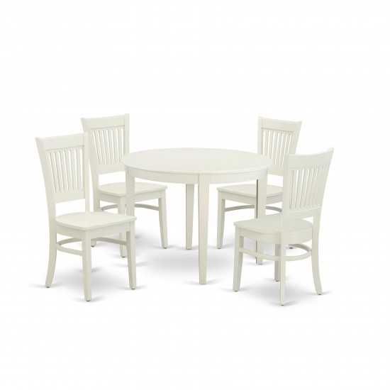 5Pc Kitchen Set-4 Wood Chair, Solid Wood Seat, Table, Round Top, Linen White