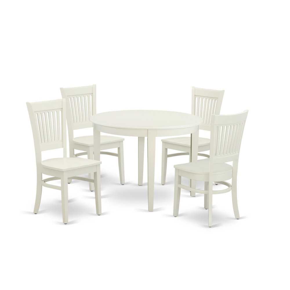 5Pc Kitchen Set-4 Wood Chair, Solid Wood Seat, Table, Round Top, Linen White