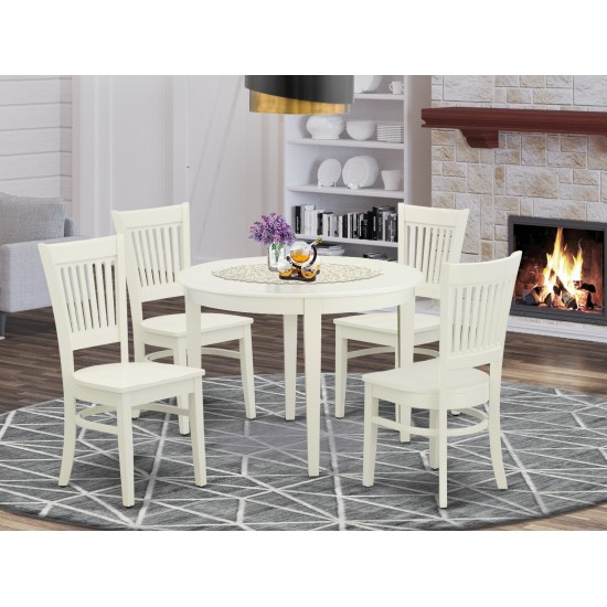 5Pc Kitchen Set-4 Wood Chair, Solid Wood Seat, Table, Round Top, Linen White