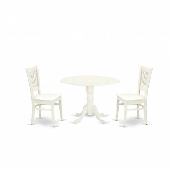 3Pc Dining Set2 Kitchen Chairs, Wooden Seat, Slatted Chair Back Drop Leaves Table Linen White Finish