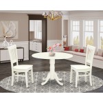 3Pc Dining Set2 Kitchen Chairs, Wooden Seat, Slatted Chair Back Drop Leaves Table Linen White Finish