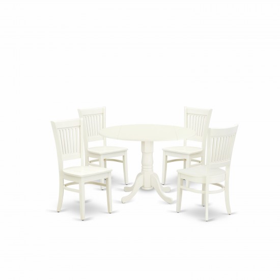 5-Pc Dinette Set4 Dining Chairs, Wooden Seat, Slatted Chair Back Drop Leaves Table Linen White Finish