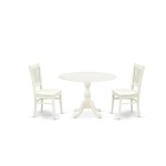 3Pc Dining Set2 Wooden Chairs, Wooden Seat, Slatted Chair Back Drop Leaves Table Linen White Finish