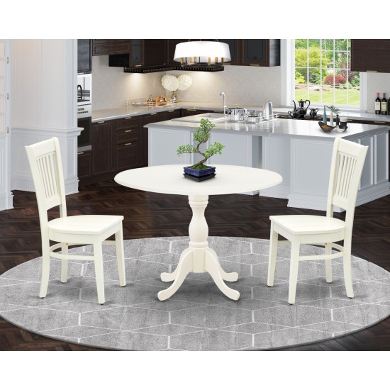 3Pc Dining Set2 Wooden Chairs, Wooden Seat, Slatted Chair Back Drop Leaves Table Linen White Finish