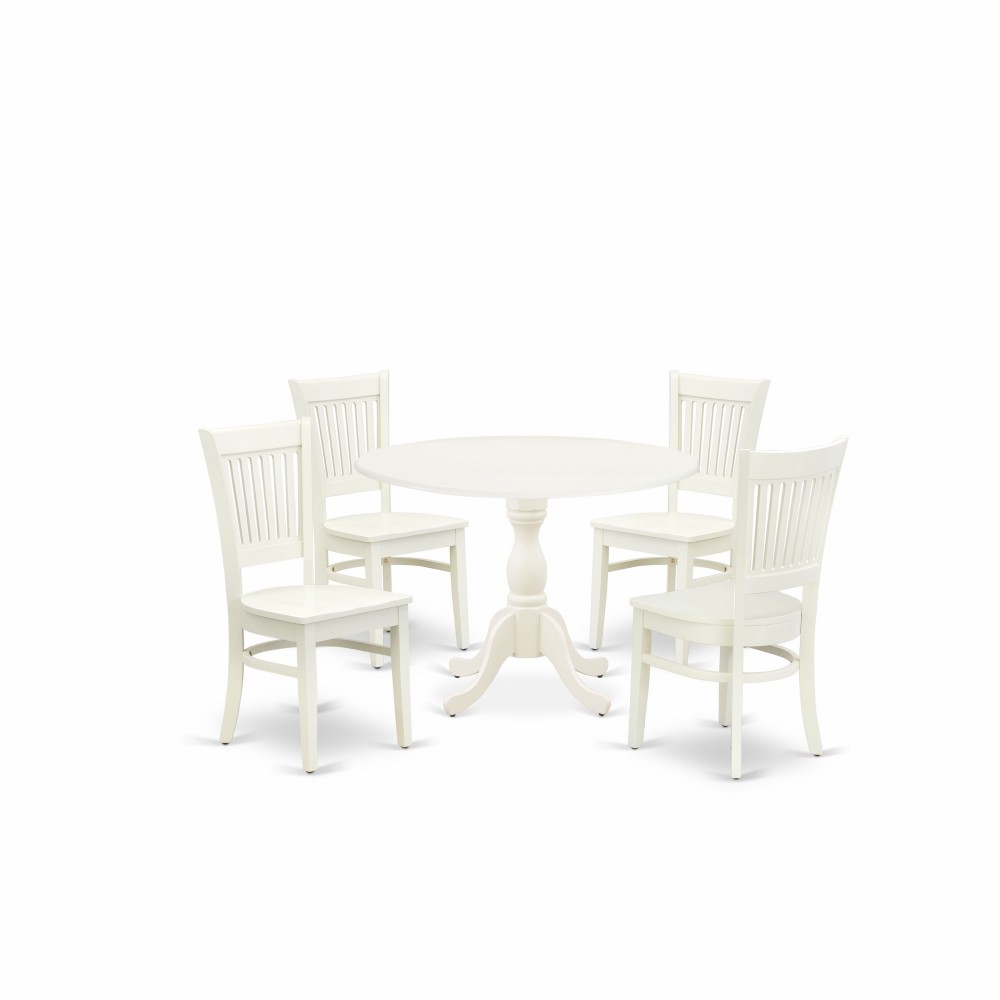5-Pc Kitchen Dining Set4 Chair, Wooden Seat, Slatted Chair Back Drop Leaves Round Table Linen White Finish