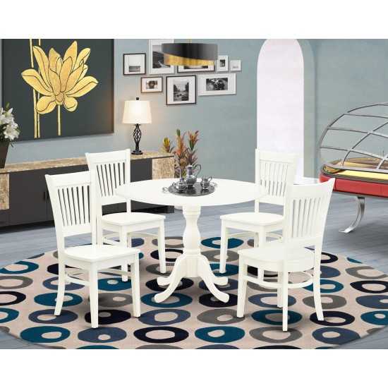 5-Pc Kitchen Dining Set4 Chair, Wooden Seat, Slatted Chair Back Drop Leaves Round Table Linen White Finish