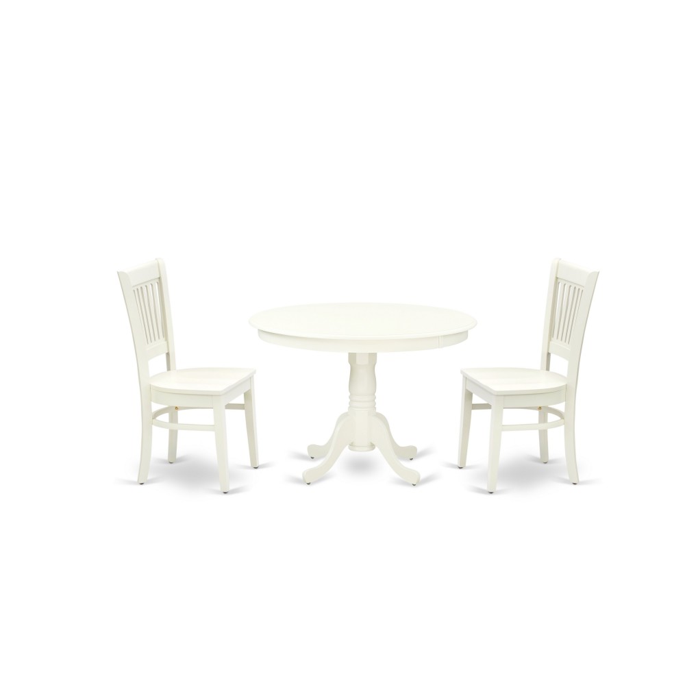 3Pc Dining Set2 Dining Chairs, Wooden Table Wooden Seat, Slatted Chair Back Linen White Finish