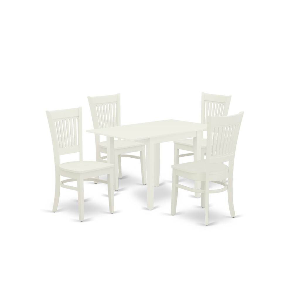5Pc Dinette Set 4 Dining Chairs, Drops Leaves Dining Table, Linen White
