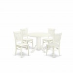 5Pc Dining Set4 Chairs, Table Wooden Seat, Slatted Chair Back Linen White Finish