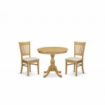 3 Pc Dining Set, 1 Round Pedestal Table, 2 Oak Wooden Chairs, Slatted Back, Oak