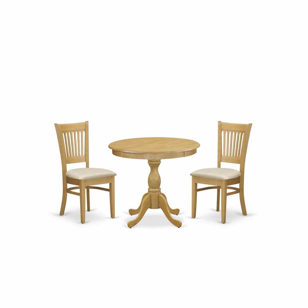 3 Pc Dining Set, 1 Round Pedestal Table, 2 Oak Wooden Chairs, Slatted Back, Oak