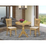 3 Pc Dining Set, 1 Round Pedestal Table, 2 Oak Wooden Chairs, Slatted Back, Oak