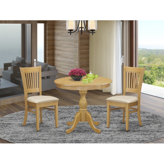 3 Pc Dining Set, 1 Round Pedestal Table, 2 Oak Wooden Chairs, Slatted Back, Oak