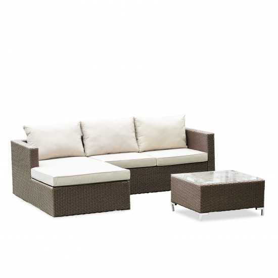 3Pc Brown Wicker Outdoor-Furniture Sectional Sofa Set, Patio Table, Cushion, Medium