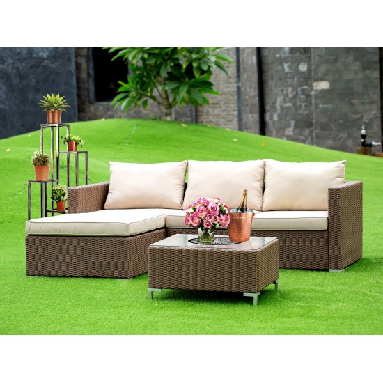 3Pc Brown Wicker Outdoor-Furniture Sectional Sofa Set, Patio Table, Cushion, Medium