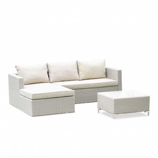 3Pc Natural Color Wicker Outdoor-Furniture Sectional Sofa Set, Patio Table, Cushion, Medium