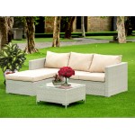 3Pc Natural Color Wicker Outdoor-Furniture Sectional Sofa Set, Patio Table, Cushion, Medium