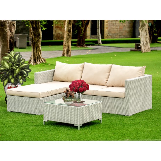 3Pc Natural Color Wicker Outdoor-Furniture Sectional Sofa Set, Patio Table, Cushion, Medium