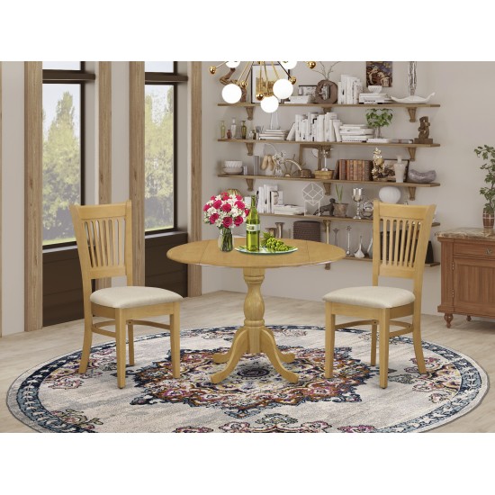 3 Pc Kitchen Dining Set, Oak Breakfast Table, 2 Oak Chairs, Slatted Back, Oak Finish