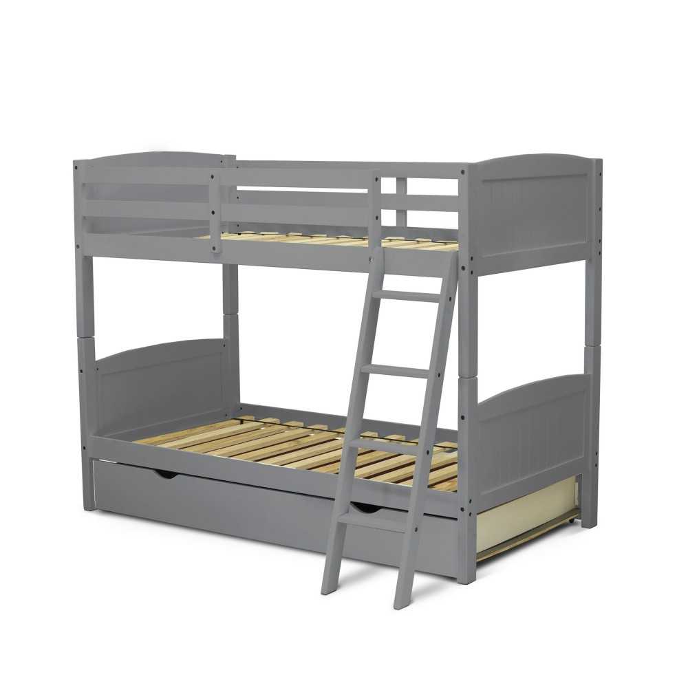 Albury Twin Bunk Bed In Gray Finish With Convertible Trundle & Drawer