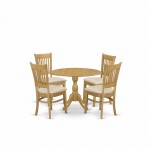 5 Pc Dining Set, Oak Dinner Table, 4 Oak Dining Chairs, Slatted Back, Oak Finish