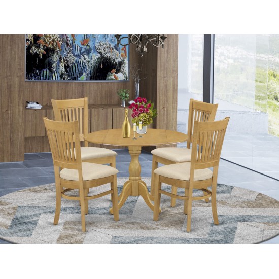 5 Pc Dining Set, Oak Dinner Table, 4 Oak Dining Chairs, Slatted Back, Oak Finish