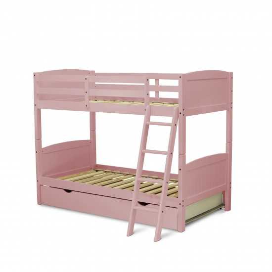 Albury Twin Bunk Bed In Pink Finish With Convertible Trundle & Drawer