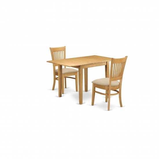 3Pc Dining Set, Wood Table, 2 Dinette Chairs,Linen Fabic Seat, Slat Back, Oak