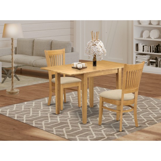 3Pc Dining Set, Wood Table, 2 Dinette Chairs,Linen Fabic Seat, Slat Back, Oak