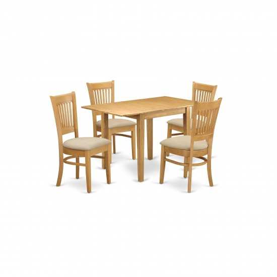 5Pc Dinette Set For Small Spaces, Dining Table, 4 Dinette Chairs, Linen Fabic Seat, Slat Back, Oak