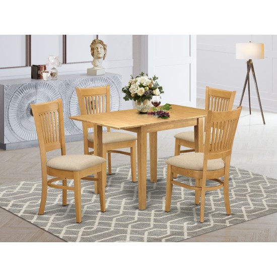 5Pc Dinette Set For Small Spaces, Dining Table, 4 Dinette Chairs, Linen Fabic Seat, Slat Back, Oak