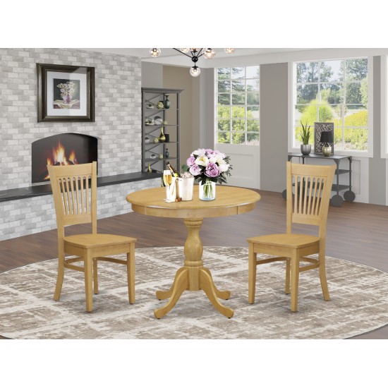 3 Pc Dining Set, 1 Wood Dining Table, 2 Oak Chair, Slatted Back Oak Finish