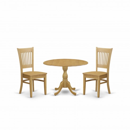 3 Pc Kitchen Dining Set, Oak Table, 2 Oak Chairs For Room, Slatted Back, Oak Finish