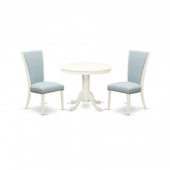 A Pedestal Kitchen Set Of 2 Kitchen Chairs, Baby Blue Color, 36" Antique Pedestal Kitchen Table, Linen White Color