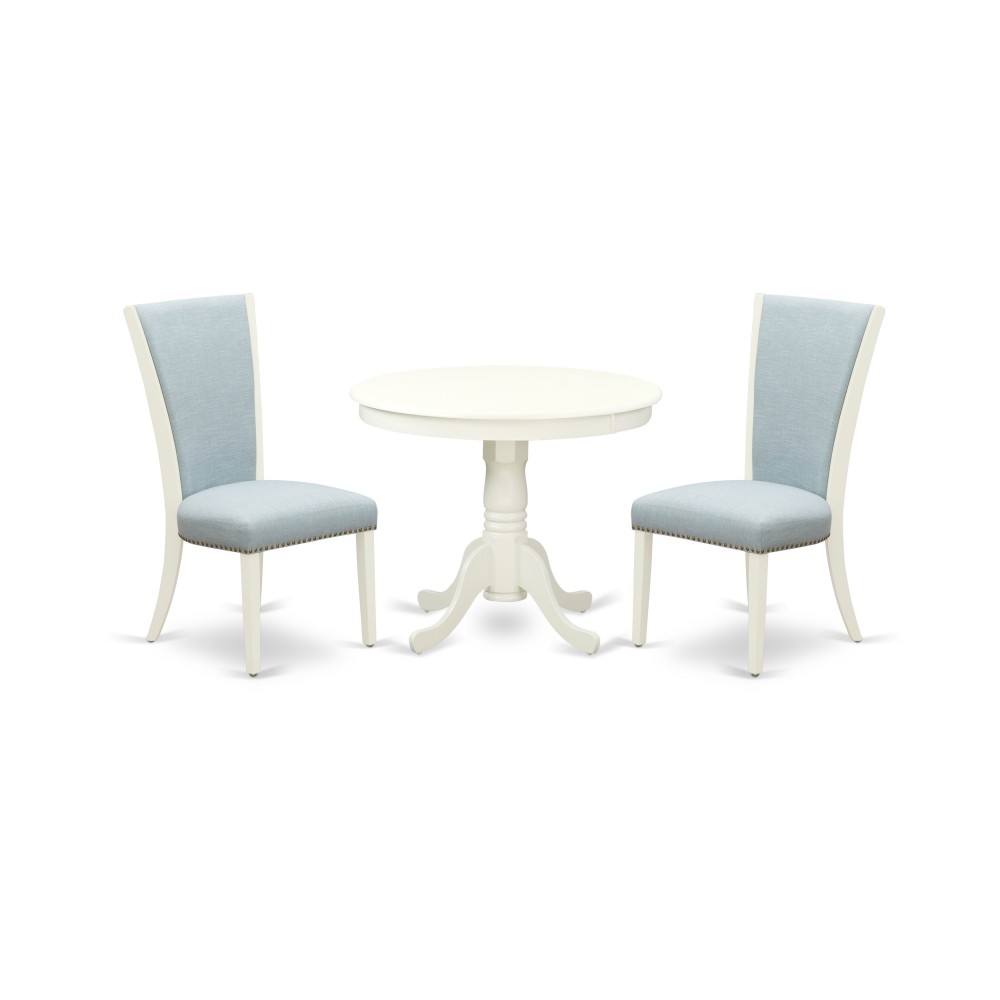 A Pedestal Kitchen Set Of 2 Kitchen Chairs, Baby Blue Color, 36" Antique Pedestal Kitchen Table, Linen White Color