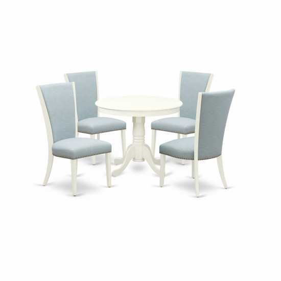 A Dining Set Of 4 Kitchen Chairs, Baby Blue Color, 36" Round Table, Linen White Color