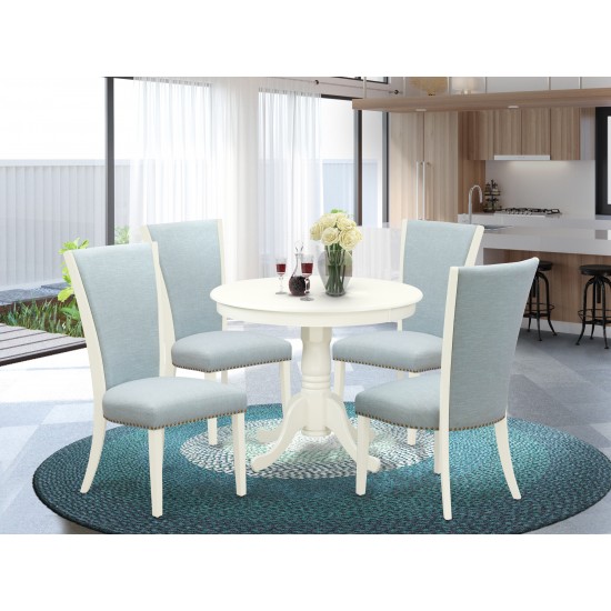 A Dining Set Of 4 Kitchen Chairs, Baby Blue Color, 36" Round Table, Linen White Color