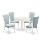 A Dining Set Of 4 Kitchen Chairs, Baby Blue Color, Round Table, Linen White Color