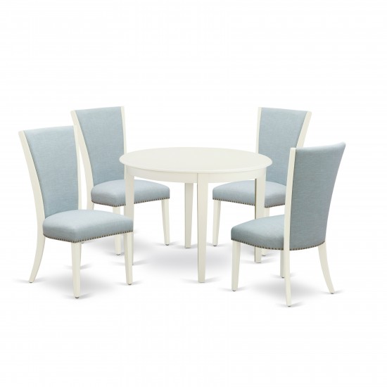 A Dining Set Of 4 Kitchen Chairs, Baby Blue Color, Round Table, Linen White Color