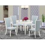 A Dining Set Of 4 Kitchen Chairs, Baby Blue Color, Round Table, Linen White Color