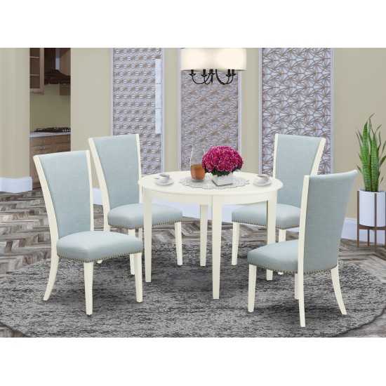 A Dining Set Of 4 Kitchen Chairs, Baby Blue Color, Round Table, Linen White Color