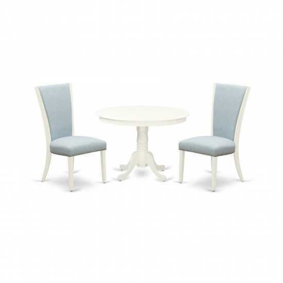 A Wooden Dining Set Of Two Amazing Chairs, Baby Blue Color, 42" Antique Table, Linen White Color