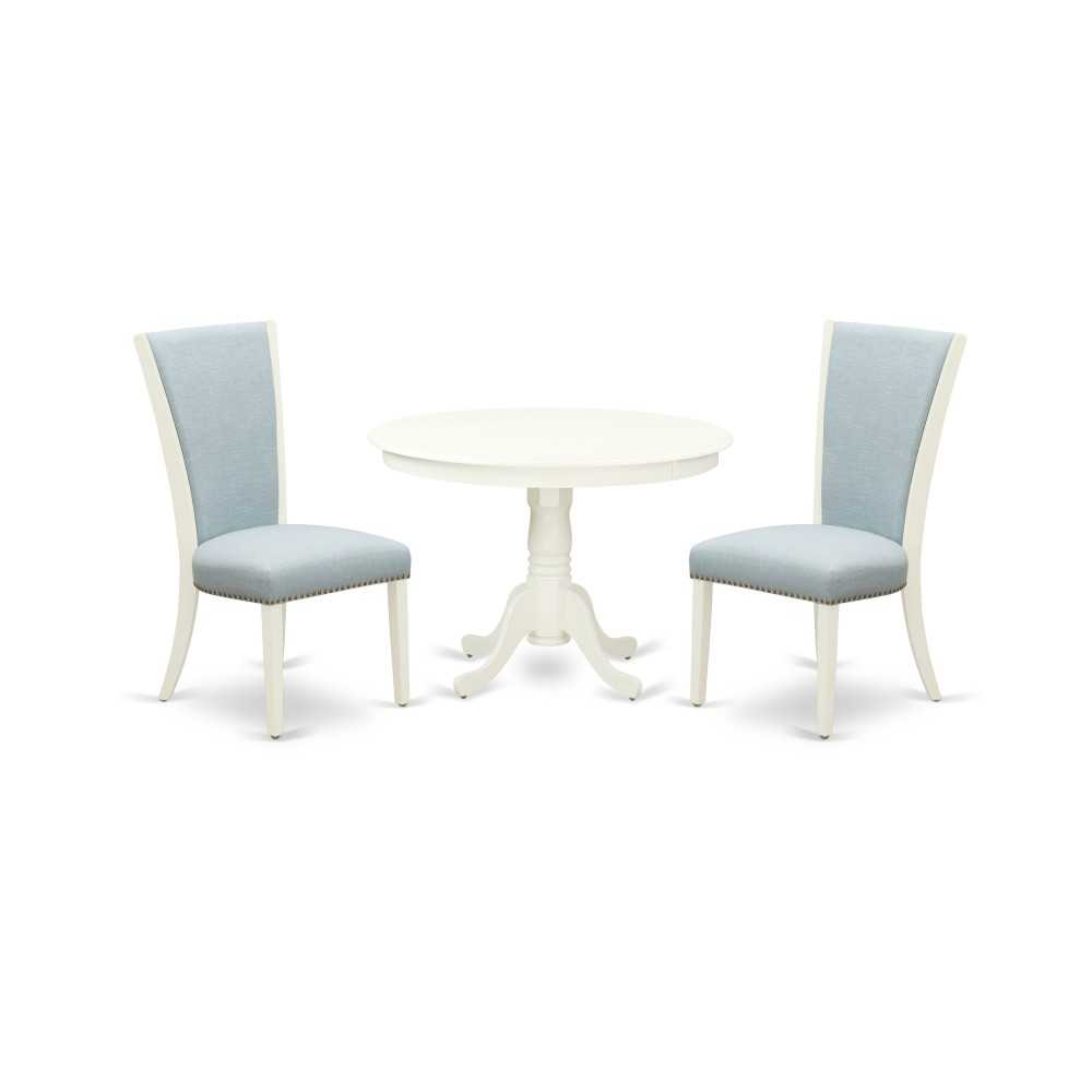 A Wooden Dining Set Of Two Amazing Chairs, Baby Blue Color, 42" Antique Table, Linen White Color