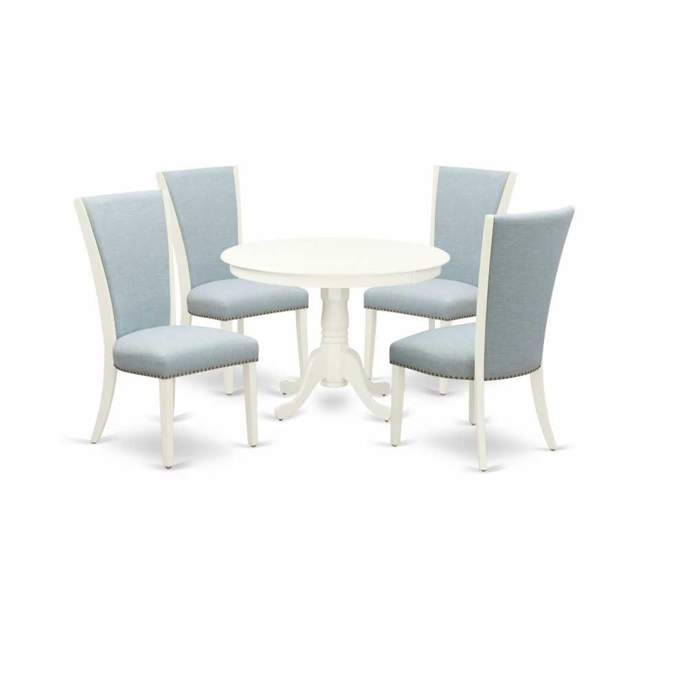 A Dining Set Of 4 Parson Chairs, Baby Blue Color, Mid-Century Table, Linen White Color