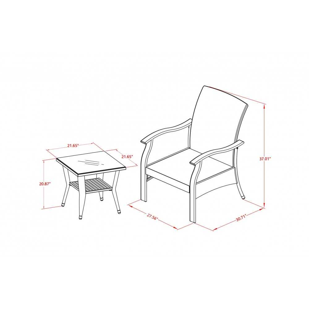 3Pc Outdoor-Furniture Black Wicker Dining Set, Patio Tea Table, 2 Balcony Backyard Armchair, Cushion, Small