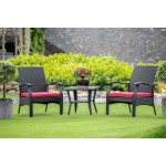 3Pc Outdoor-Furniture Black Wicker Dining Set, Patio Tea Table, 2 Balcony Backyard Armchair, Cushion, Small