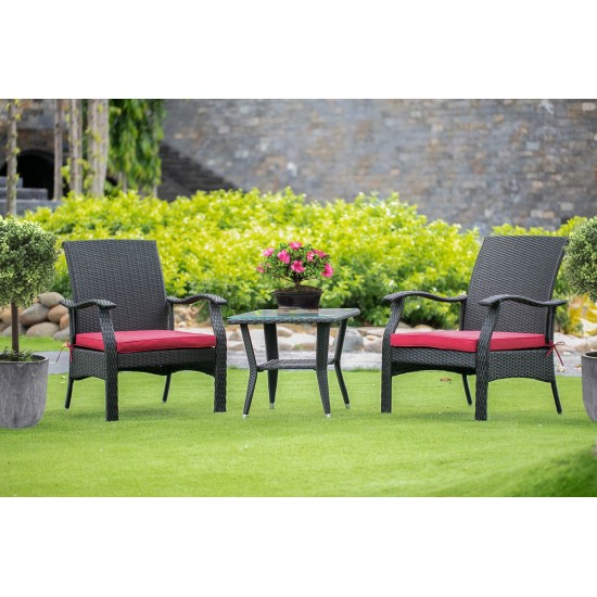 3Pc Outdoor-Furniture Black Wicker Dining Set, Patio Tea Table, 2 Balcony Backyard Armchair, Cushion, Small