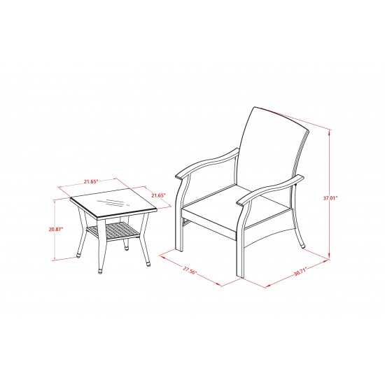 3Pc Outdoor-Furniture Natural Color Wicker Dining Set, Patio Tea Table, 2 Balcony Backyard Armchair, Cushion, Small